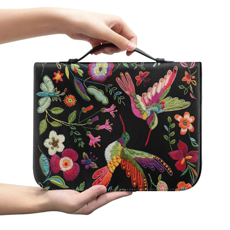 Kuiaobaty Colorful Hummingbird PU Leather Carrying Book Case Bible Protective with Handle,Retro Bird Floral Christian Art Gifts for Mother,Father,Wife