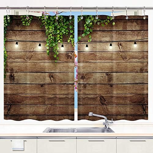 DYNH Vintage Wooden Board Kitchen Curtain, Green Leaves on Wood Window Curtain Panels, Waterproof Kitchen Curtains Drapes 10PCS Hooks 55X39 in Valance