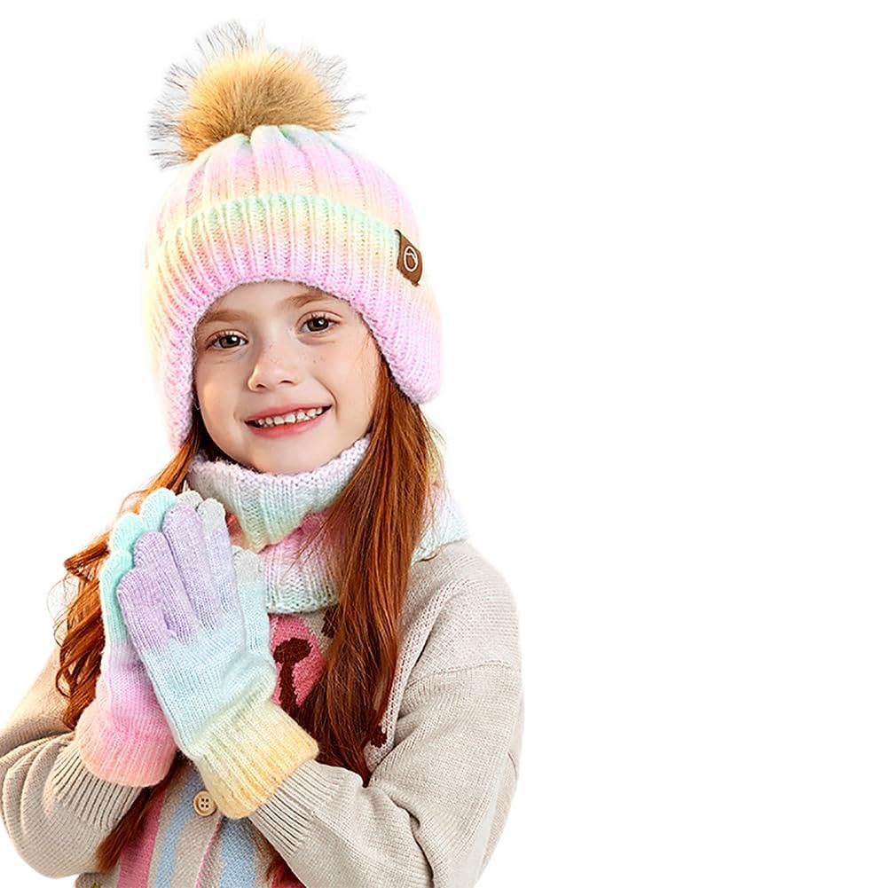 Spiritzohic Kids Winter Beanie Hat Scarf Gloves Set, 3 in 1 Thermal Knitted Pom Pom Hat Snood Gloves Winter Accessories Beanie Hats and Glove for Boys Girl Children 2-10 Years Old-D