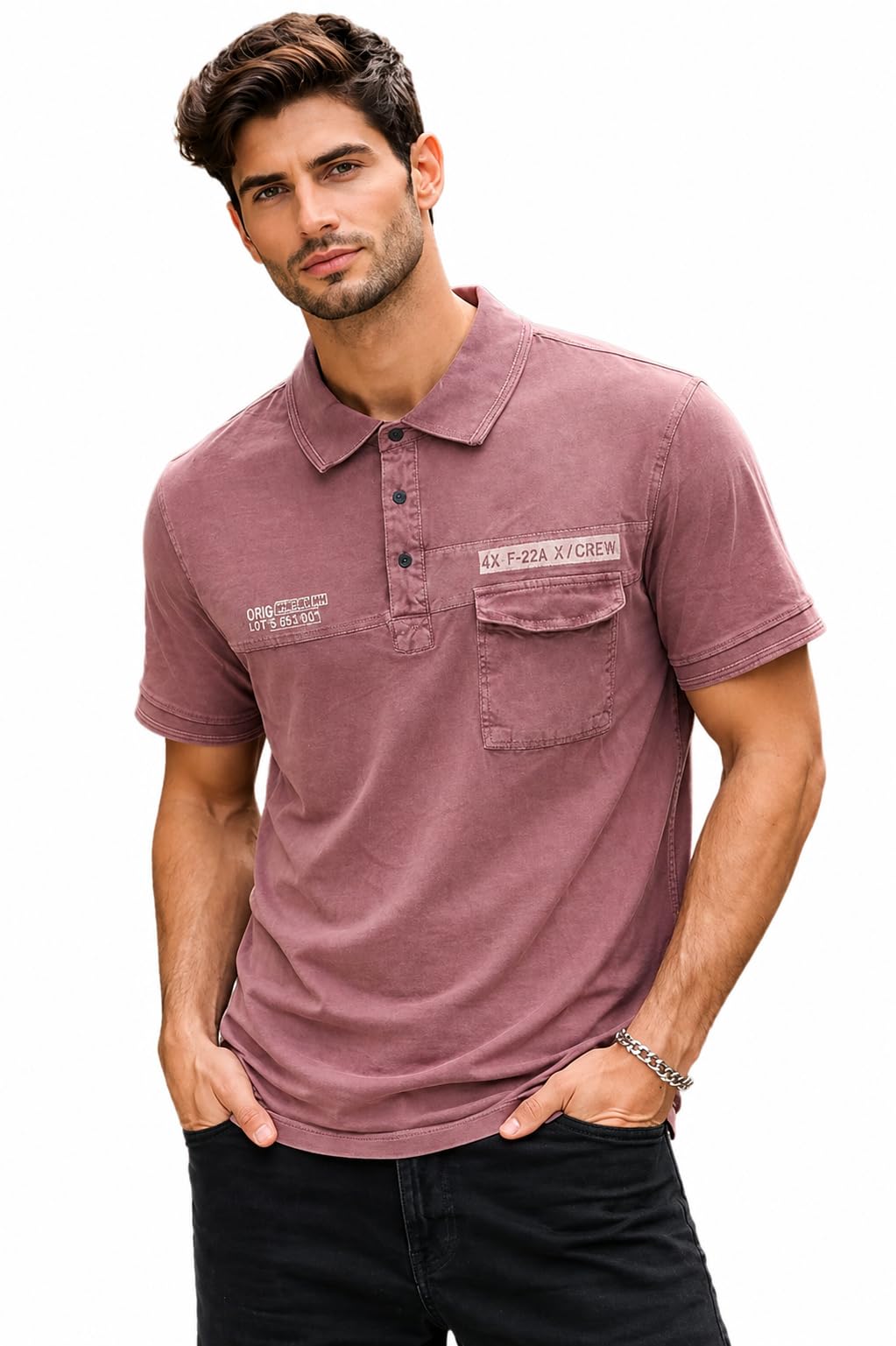 hautemoda Men's Polo Neck Casual Style Cotton Denim Wash T-Shirt, Graphic Print, with Back Printing-picture-12