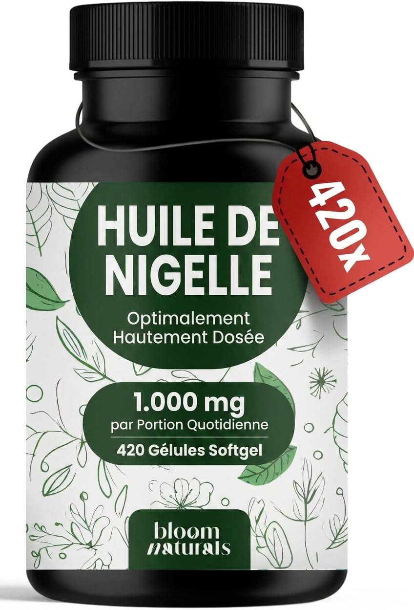 Huile de Nigelle Gelules – Capsules d’Huile de Cumin Noir – 420 Gélules Softgel 1 000 mg avec Vitamine E – Fabriqué en Allemagne