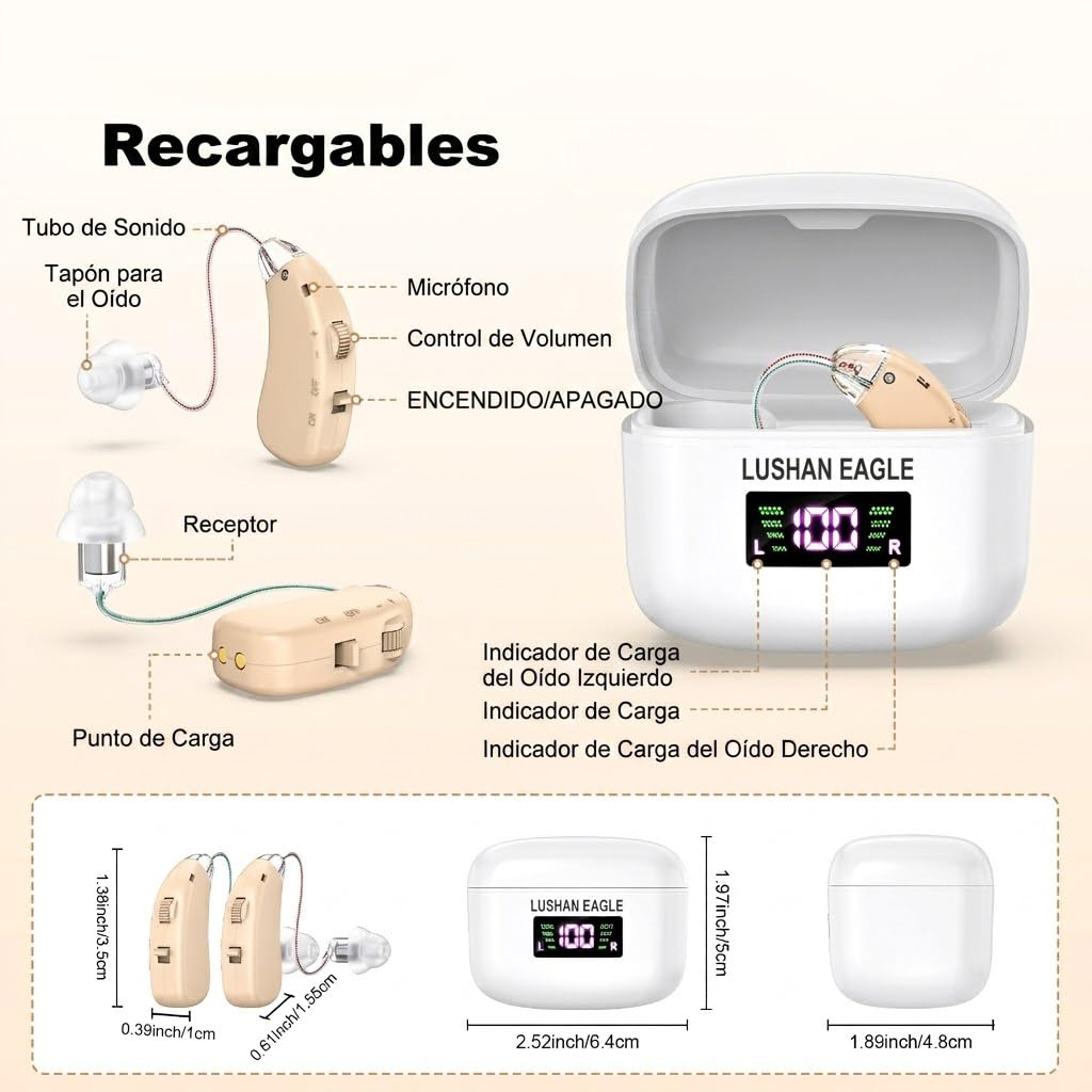 Auriculares de amplificación digital recargables, estuche de carga para amplificador con pantalla LED, color beige (Plata)