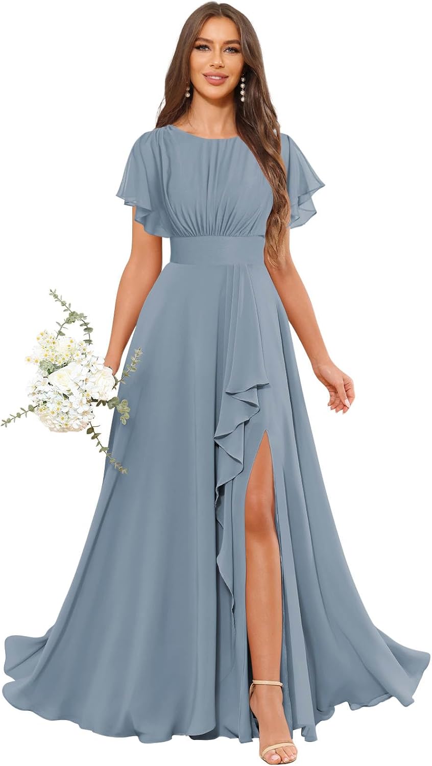 Chiffon Bridesmaid Dresses with Sleeves Slit A Line Formal Evening Gown - Image 4