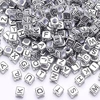 HERZWILD Letter Beads for Threading Approx. 1000 Pieces 6 x 6 mm Letter Beads Square Craft Beads Letters A-Z Beads for Jewellery Crafts (Silver-A)