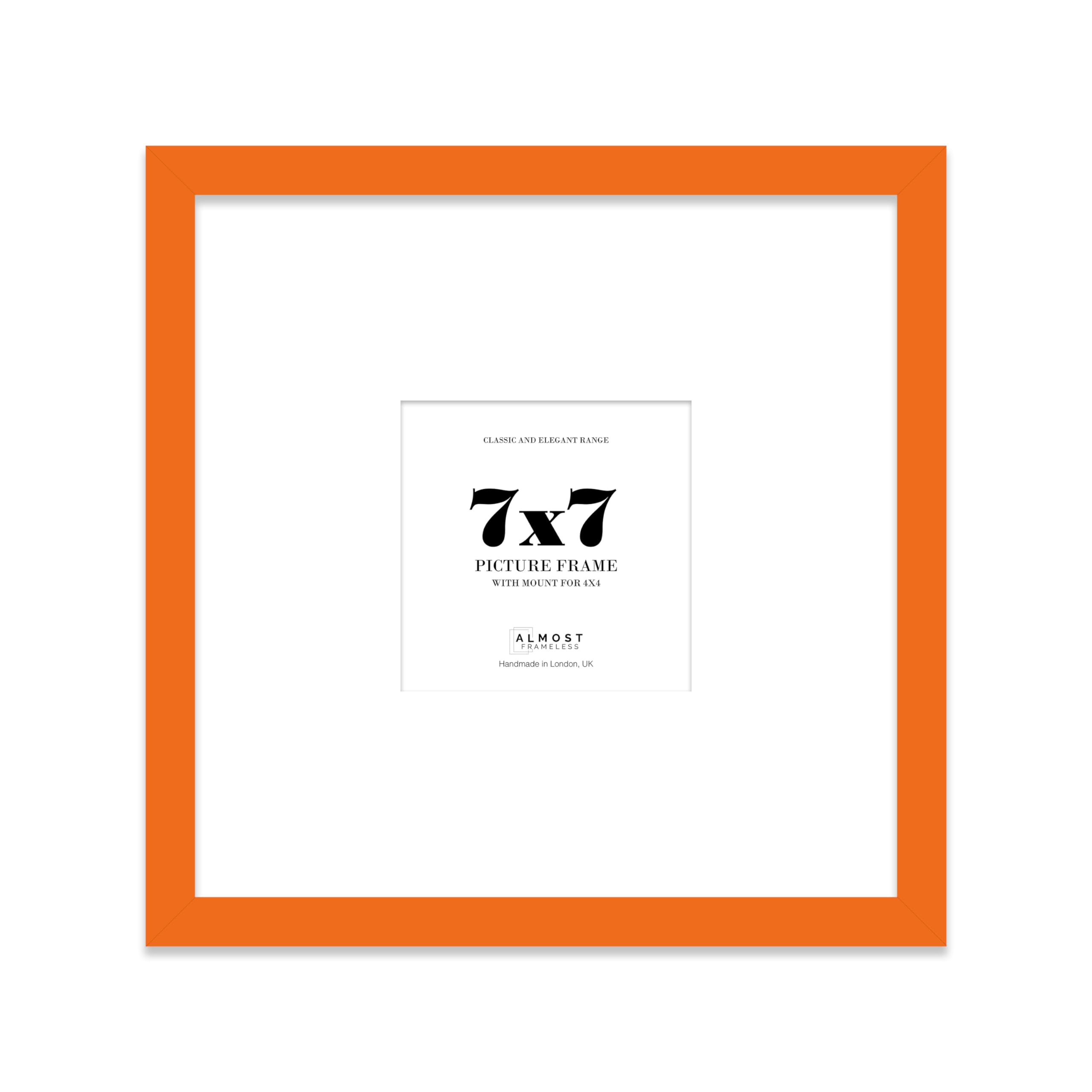 Almost Frameless 7x7 Square Picture Frame, Display Pictures 4x4 With Mat or 7x7 Without Mat, Wall Hanging & Free Standing Photo Frame, Orange, 1 Pack