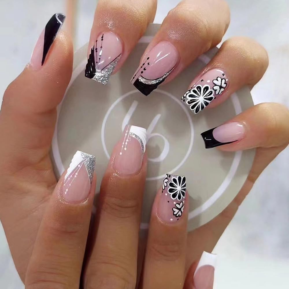 ANDGING French Tip Press on Nails Coffin Short Medium Black White Fake Nails with Glitter Silver Flower Design Square fake nails for Women Acrylic