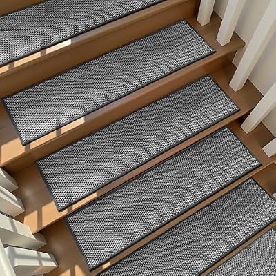 Deerly Linen Stair Treads Non Slip 10pcs Comfortable Stair Runner for Wooden Steps Peel and Stick Stairs Carpet Treads Indoor Staircase Covers Mat with Self-Adhesive Backing 8"X30" Black White