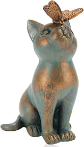 Statue De Jardin Chat Curieux Avec Papillon – Figurine Résine Extérieur, Décoration Mignonne Et Vintage Pour Pelouse, Cour Ou Terrasse