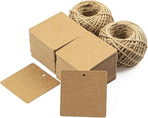 200 etiquetas de regalo de papel kraft con cuerda, etiquetas de papel cuadrado marrón en blanco con cordel de yute natural de 100 pies para artes y