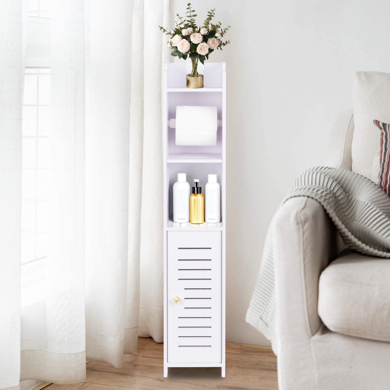 powerking Porta carta igienica, piccolo armadietto da bagno con ante e ripiani, sottile multistrato per bagno, piccoli spazi, pavimento angolare, bianco