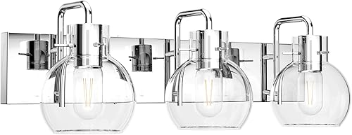 Miniatura 4 de Tipace Moderna iluminación de tocador de baño, 3 luces, de acero inoxidable industrial, acabado cromado con globo de vidrio transparente,