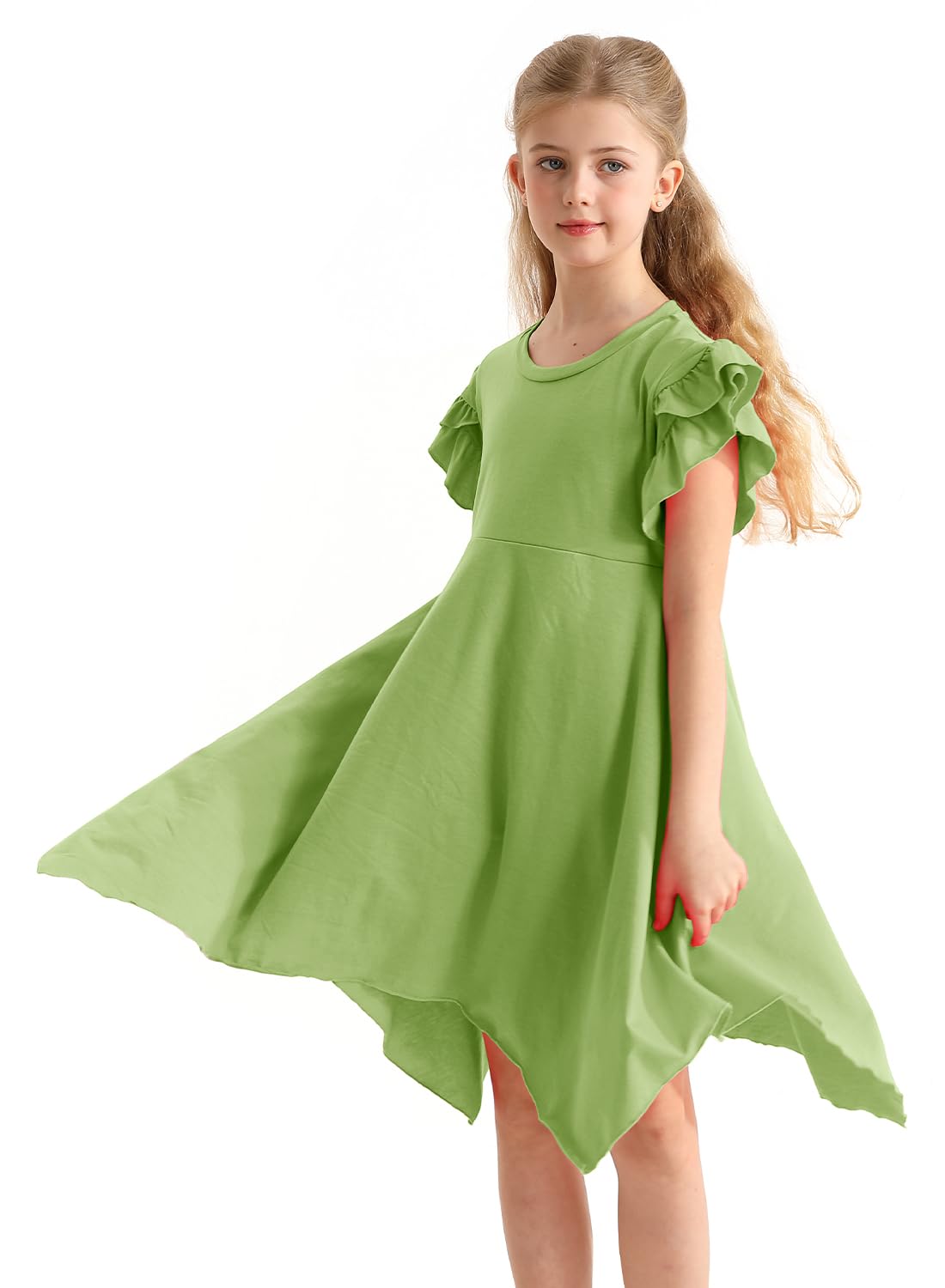 Alakuoti Girls Casual Dresses Summer Crew Neck Double Layer Ruffle Sleeve Cute High Low Swing Knee Wear for 4-13 Years