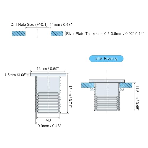Miniatura 2 de uxcell Tuercas de remache M8, 50 tuercas de inserción roscadas de cabeza plana de acero al carbono chapadas en zinc para metal, plástico