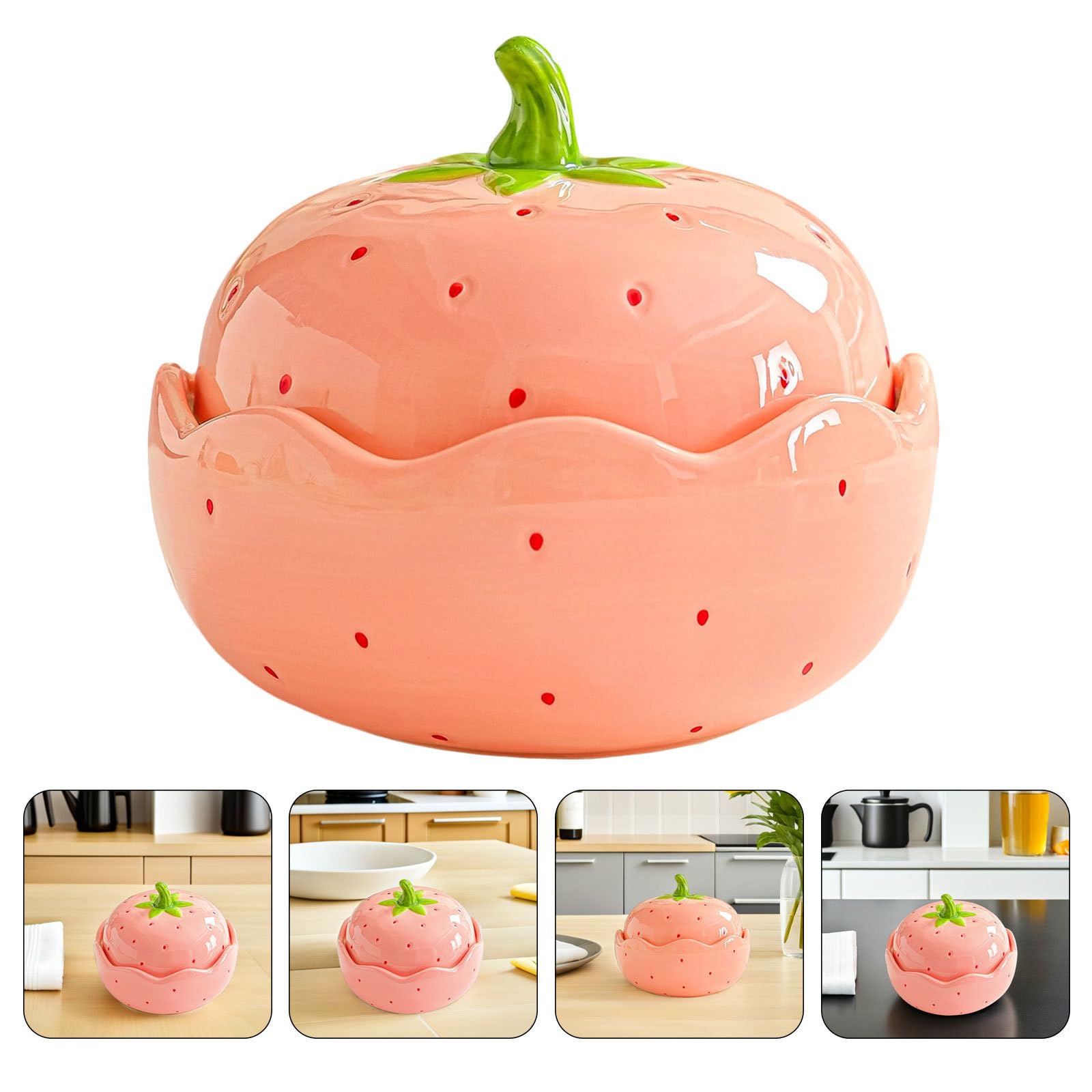 Operitacx Tazón de Ramen de Cerámica con Forma de Fresa y Tapa, Apto para Microondas, Capacidad 600ml, Diseño Decorativo Encantador para Comidas en Casa y Oficina