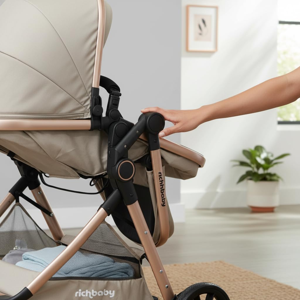 Passeggino 2 in 1 con navicella, compatto, pieghevole, protezione UV (crema