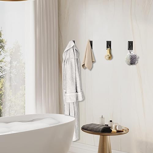 Miniatura 8 de POSHGRAND Gancho para toallas de baño adhesivo para baño, ganchos negros mate montados en la pared resistentes para bataabrigoarmariococina (paquete