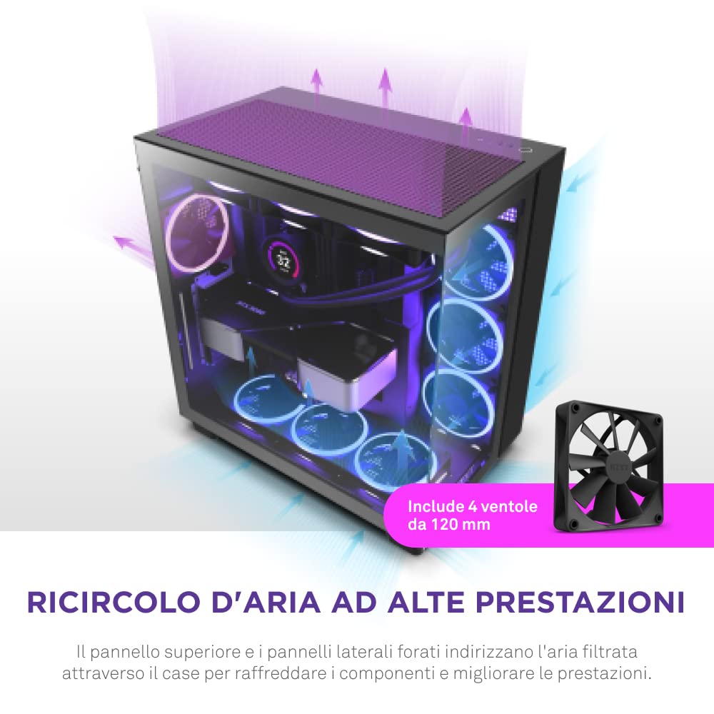 NZXT H9 Flow Case per PC gaming mid-tower ATX a doppia camera, Pannello superiore forato per un elevato ricircolo dell'aria, Pannello frontale e laterale in vetro temperato, Nero, CM-H91FB-01
