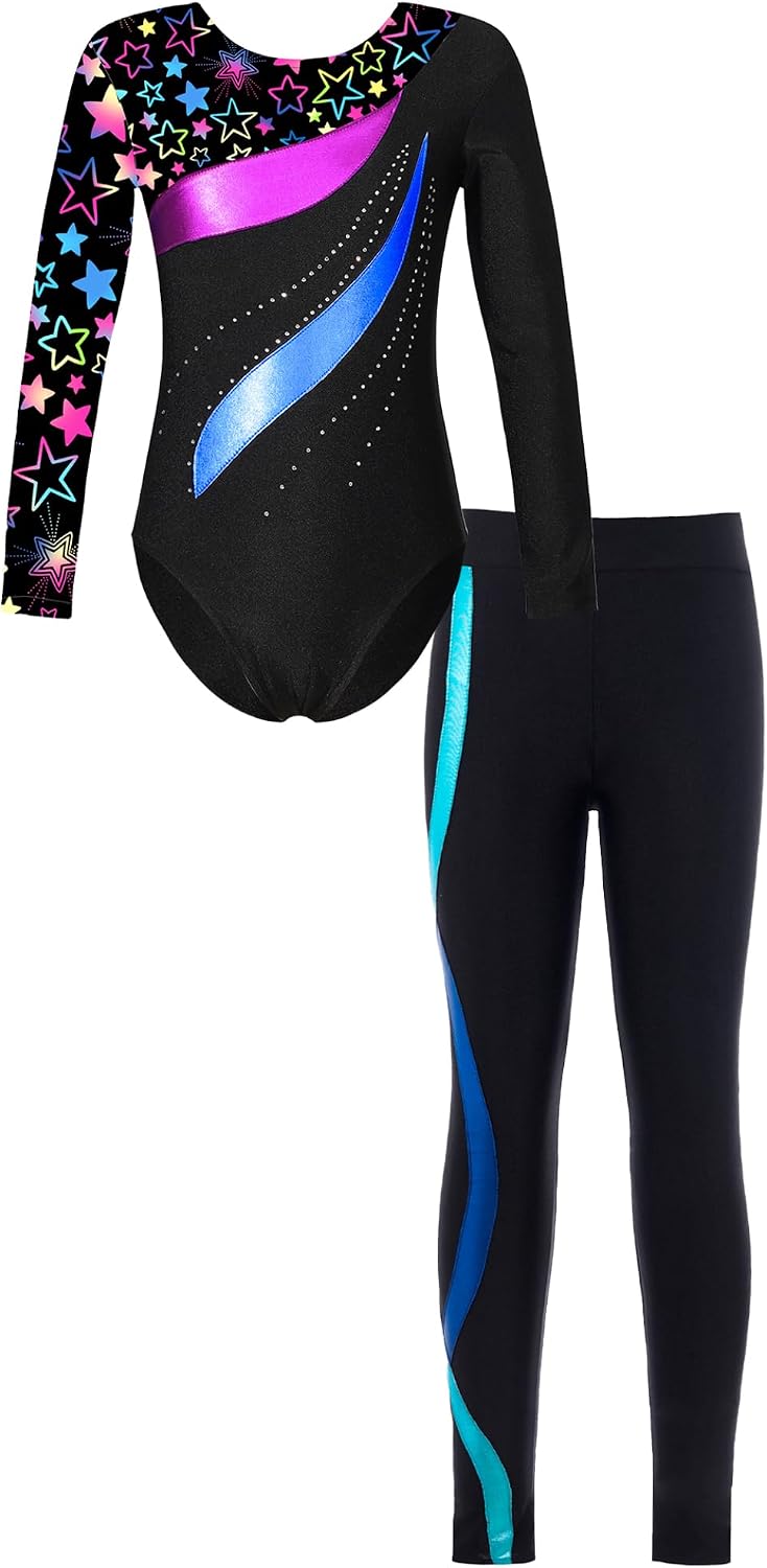 Kids Girls Long Sleeve Printed Gymnastics Leotards with Leggings Sets Figure Ice Skating Outfits