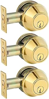 Zion Deadbolt Lock Double Sided Bolt Lock Polished Brass Keyed Both Sides Deadbolt Double Cylinder Dead Bolts for Doors Golden Outdoor Deadbolt with Key Not Keyed Alike - 3 Pack