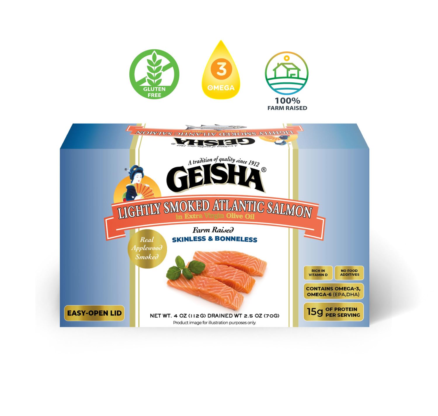 GEISHA Lightly Smoked Atlantic Salmon(Skinless & Boneless) in Extra Virgin Olive Oil 4.00 OZ. (Pack of 12), Farm Raised Chilean Atlantic Salmon | No Trans fat － NON-GMO － BPA NI－Excellent Source of Protein－Ready to Eat －Rich in Vitamin D – Extra...