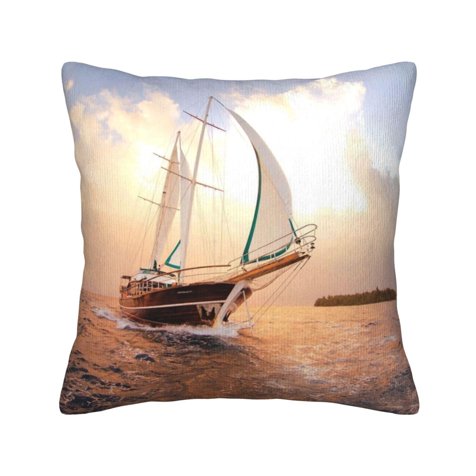 Housse de coussin velours côtelé imprimé bateau voile blanc
