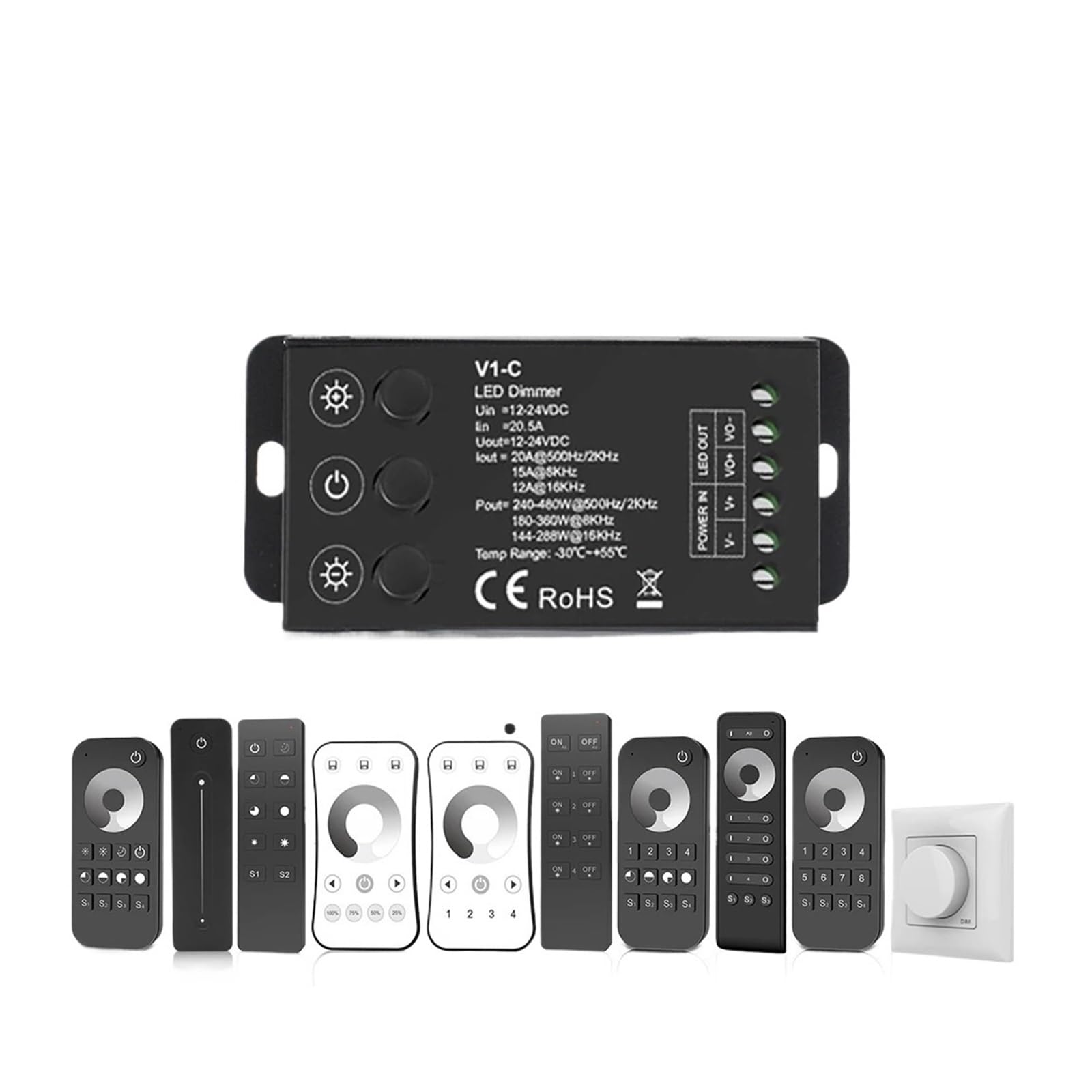 DC 12V 24V LED-Dimmerschalter 20A Konstantspannungsregler passend for 5050 2835 FCOB Monochrom-Lichtleiste 2,4G Fernbedienung LED-Controller LED-Dimmer(R1 Remote)