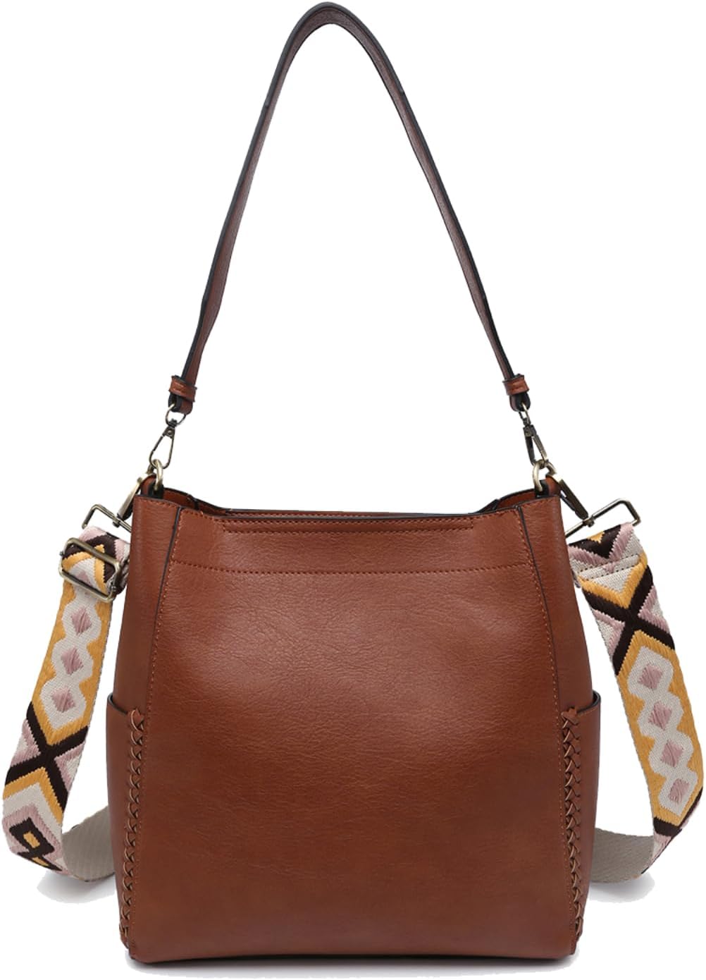 JEN & CO. Penny Vegan Leather Bucket Bag 2-in-1 Crossbody Shoulder Handbag Purse for Women with Adjustable Guitar Strap