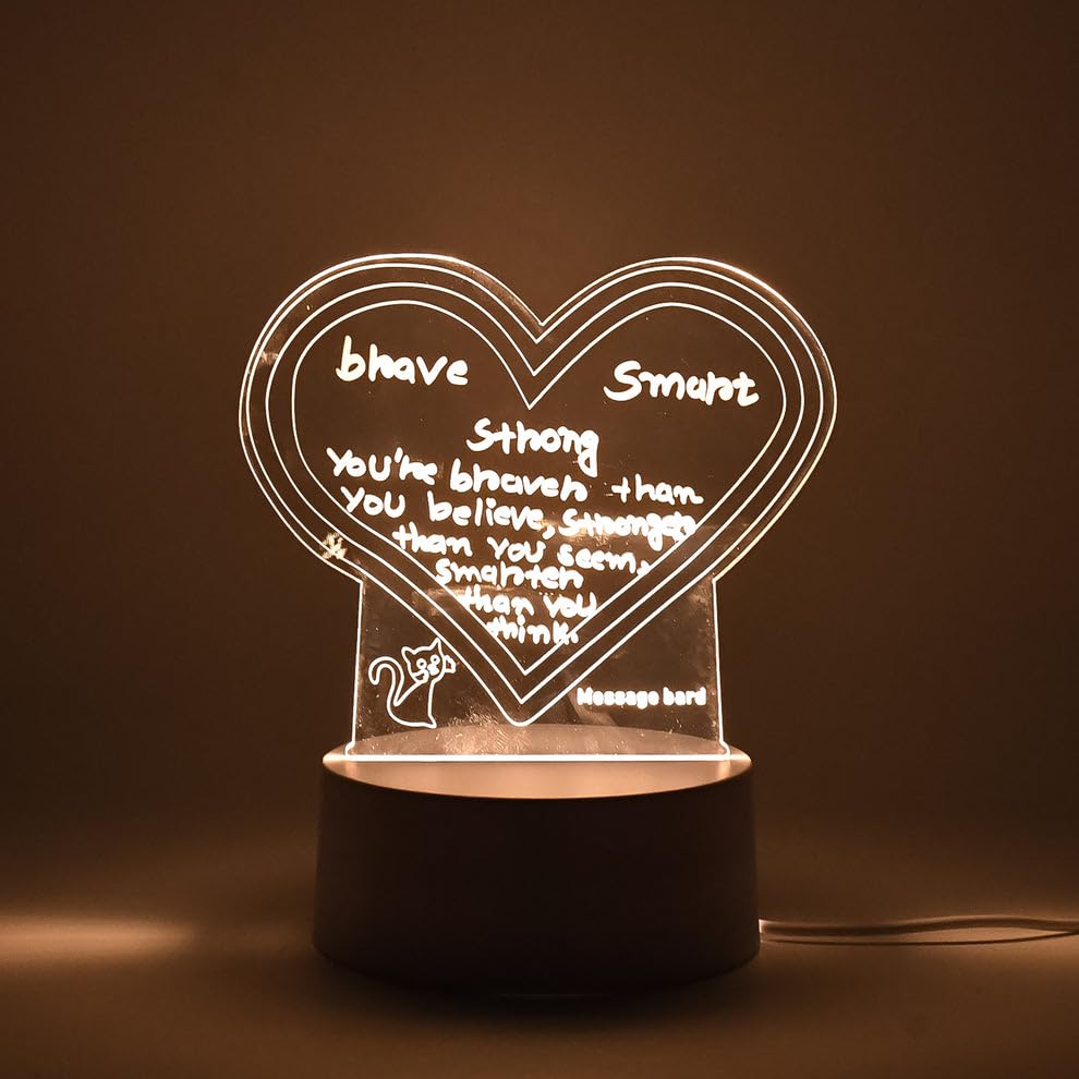 Image of Madhabi 3D Acrylic Heart LED Night Lamp with Marker Pen - USB Powered Creative Message Board Light for Bedroom, Living Room, Study Desk, Office Decoration and Gifting (1 Pc)