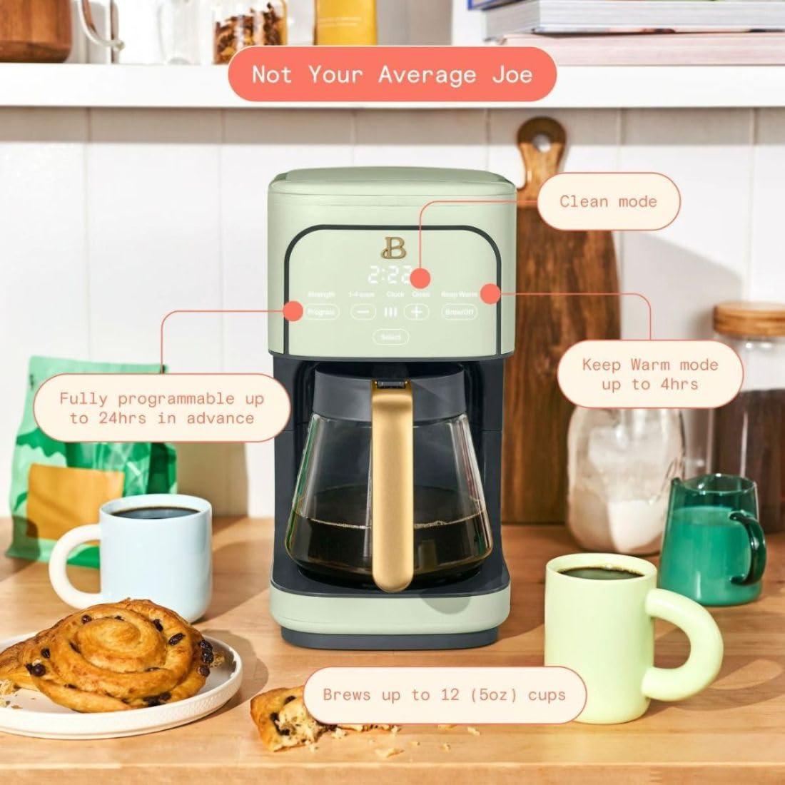 B - 12-Cup Programmable Coffee Maker with Touch Controls, Auto Brew Timer, Reusable Filter, Large Glass Carafe, Countertop Coffee Machine (Sage Green)