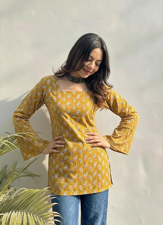 Image of ANNI Designer Women's Viscose Blend Printed Short Kurti | Straight Fit Casual Ethnic Top | Square Neck 3 /4 Sleeve Kurta Office College