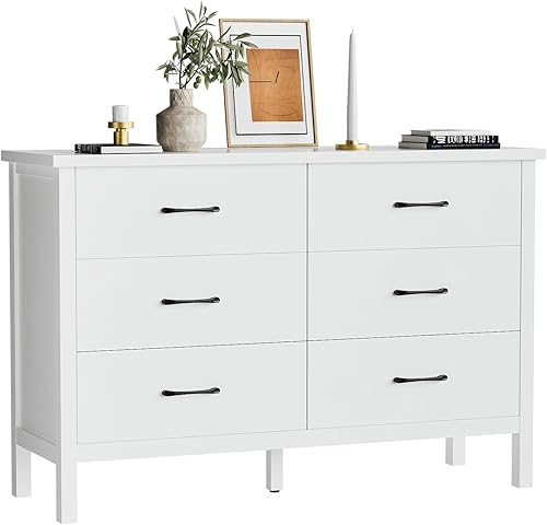 LYNSOM Cómoda blanca para dormitorio, cómoda de 6 cajones con asas de metal, cómoda de madera moderna para sala de estar, entrada y pasillo