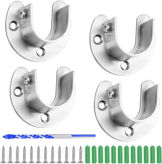 4Pcs Wardrobe Hanging Rail Bracket, 26mm/1in Stainless Steel Closet Pole Sockets Rod End Holders ,Round Tube Bracket Cabinet Tube Rod Bracket Flange Rod Holder for Cupboard Rod Shower Curtain Rod