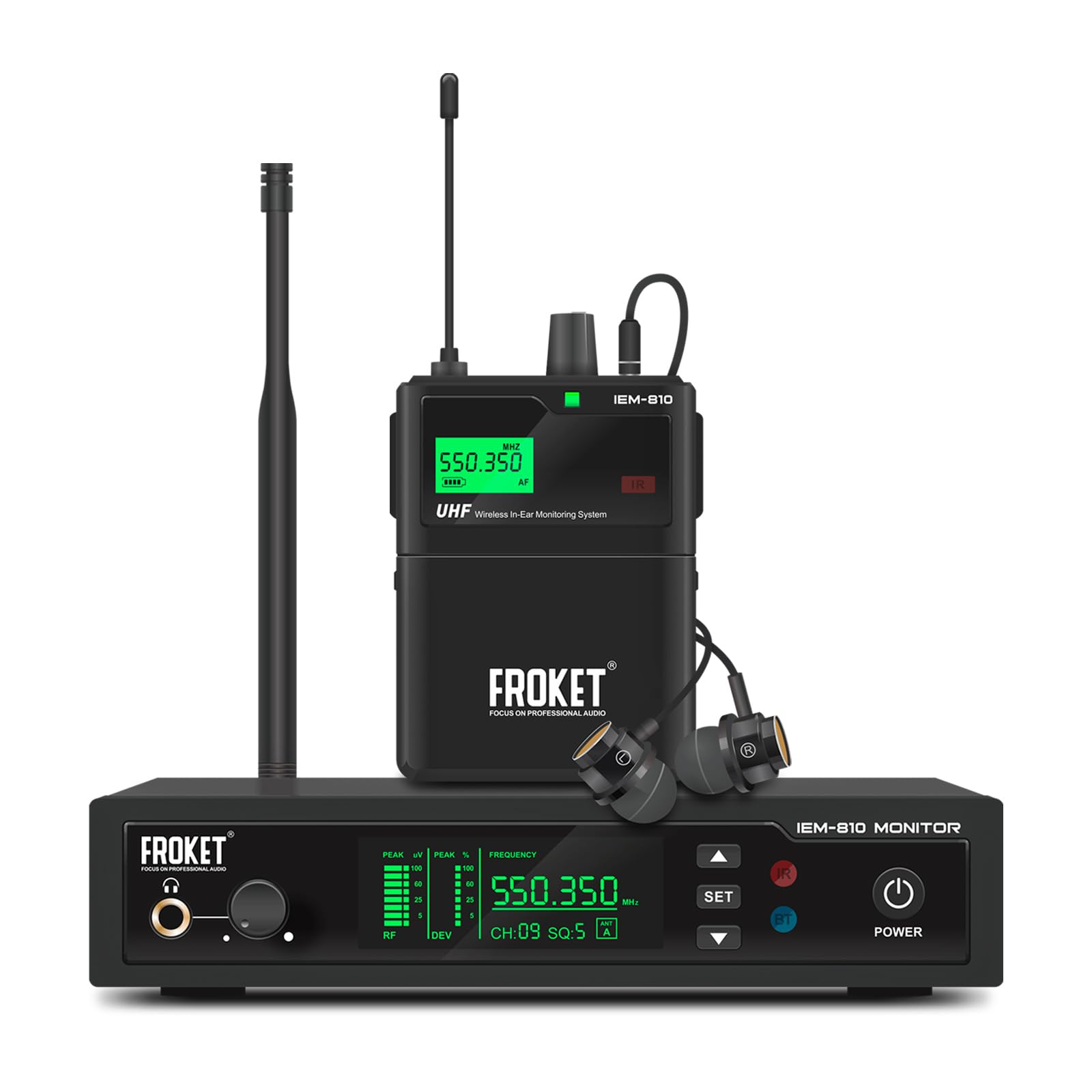 IEM810 PRO UHF Wireless in-Ear Monitor System - 530-580MHz Dual Receiver Kit w/ <3ms Latency for Live Stage, Recording Studio & Broadcast (1 Bodypack with Transmitter)