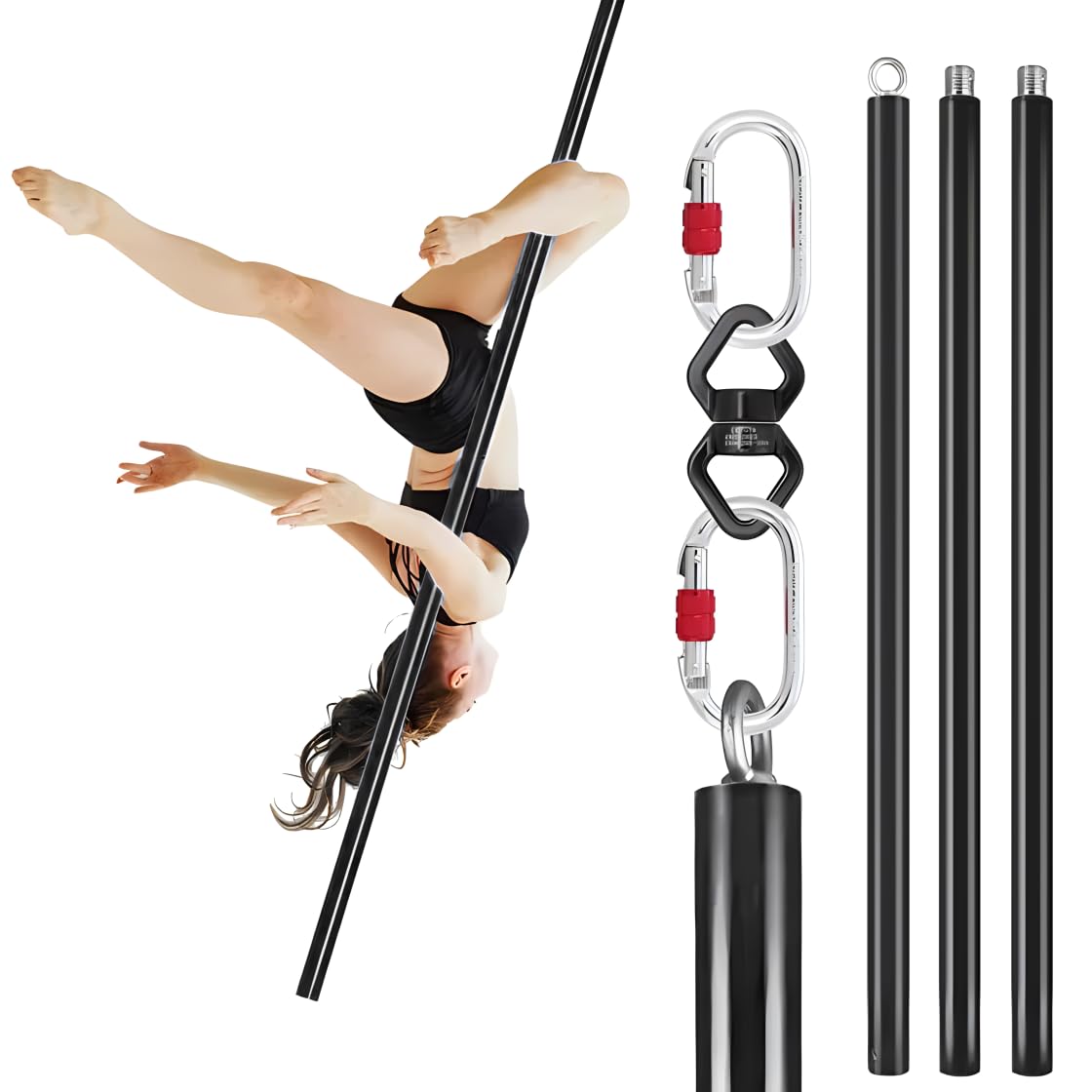 Dreamlin 3m Aerial Flying Pole Portable Suspension Yoga Fitness Tube Hanging Rotary Silicone Steel Dancing Pole Gym Equipment for Home (Full Set Black)