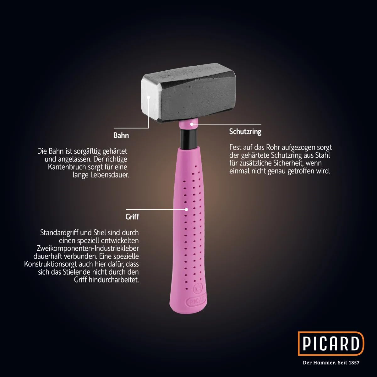 PICARD Fäustel con inserto in gomma RS Pink Edition | Fäustel Hammer 1250 g | Martello per pavimentazione con 1 componente manico in acciaio C45 | DIN 6475 VPA/GS | Utensili manuali per costruzione e
