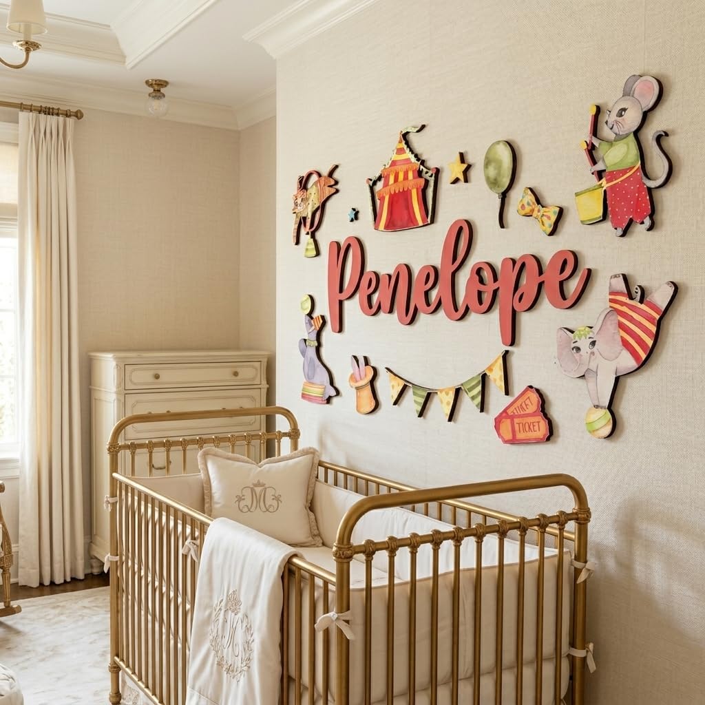 Custom Nursery Name Sign with Themed Decor Kit | Personalized Wooden Wall Art for Baby, Kids Room | Space, Jungle, Circus, Under The Sea, Woodland, Rainbow