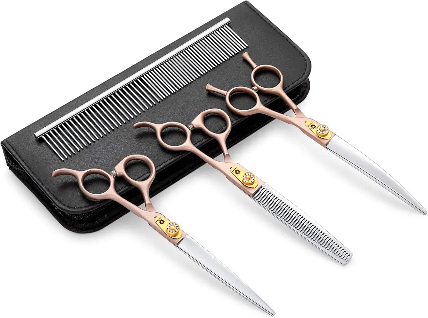 Dream Reach 7" Hundeschere Set (Gerade, Gebogen, Ausdünnen) 440C Edelstahl | Profi 3-in-1 Set: Gerade, Gebogene & Ausdünnungsschere (15-25% Ausdünnung), mit Tuch und Tasche, für Hunde & Katzen