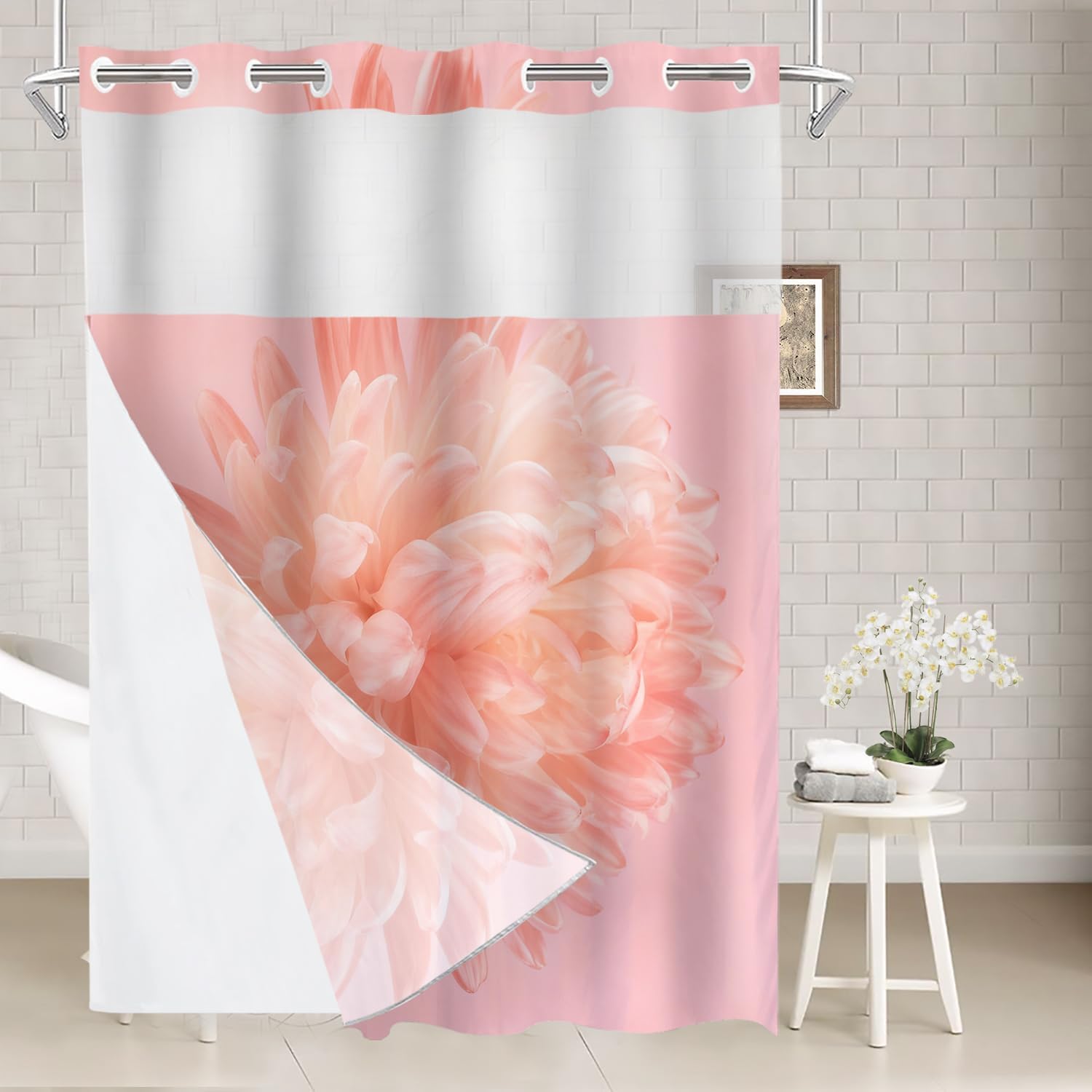 Batmerry Flower Coral Pink No Hooks Shower Curtain with Snap in Liner Set, Coral Pink Floral Bathroom Decor Polyester Quick-Drying Waterproof for Bathtubs, 54X80 in