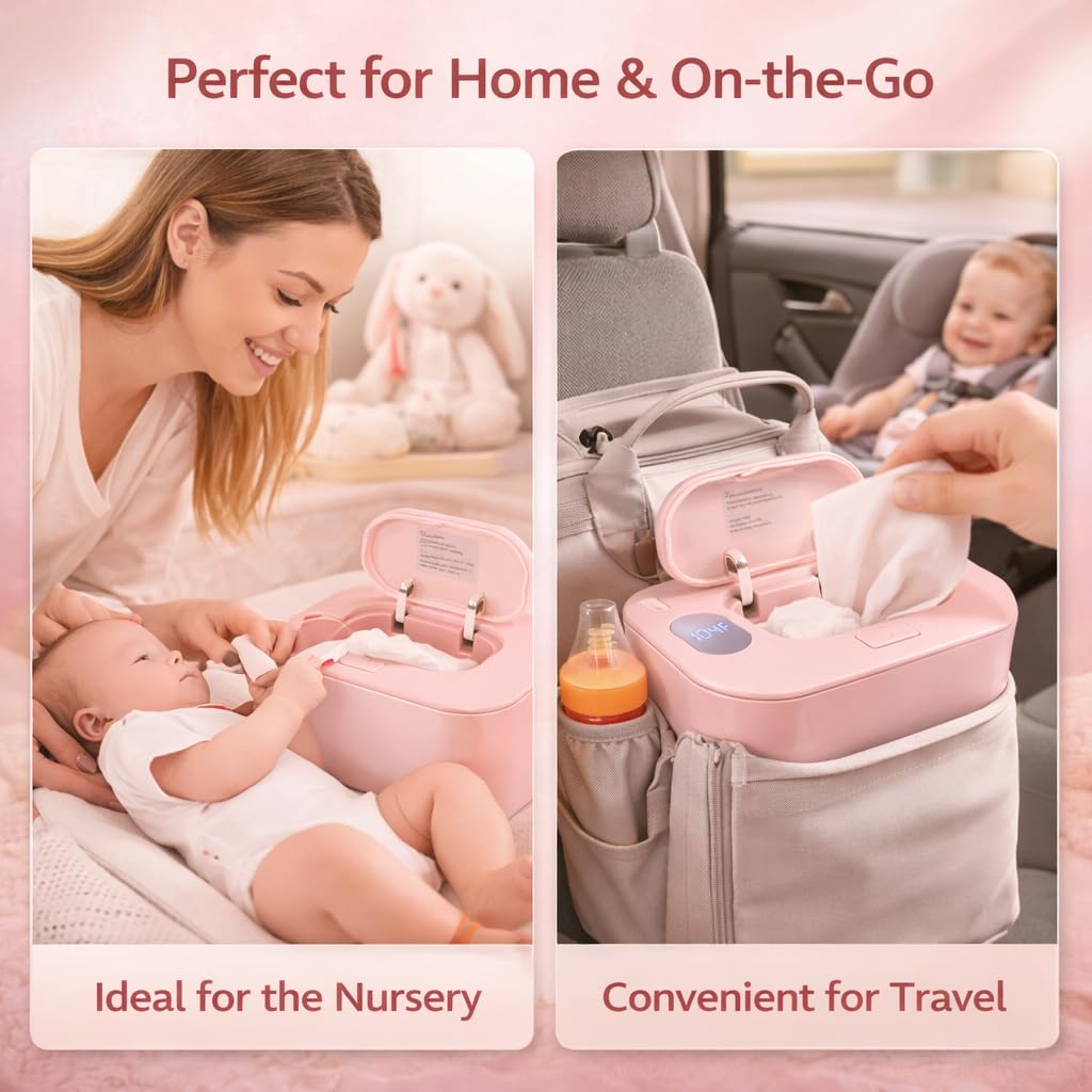 Plplaaoo Baby Wipe Warmer with Temperature Control – Portable Wipe Warmer for Car and Home Use – USB Powered Baby Wet Wipes Heater Dispenser with Digital Display – Smart Wet Warmer Box(Pink)