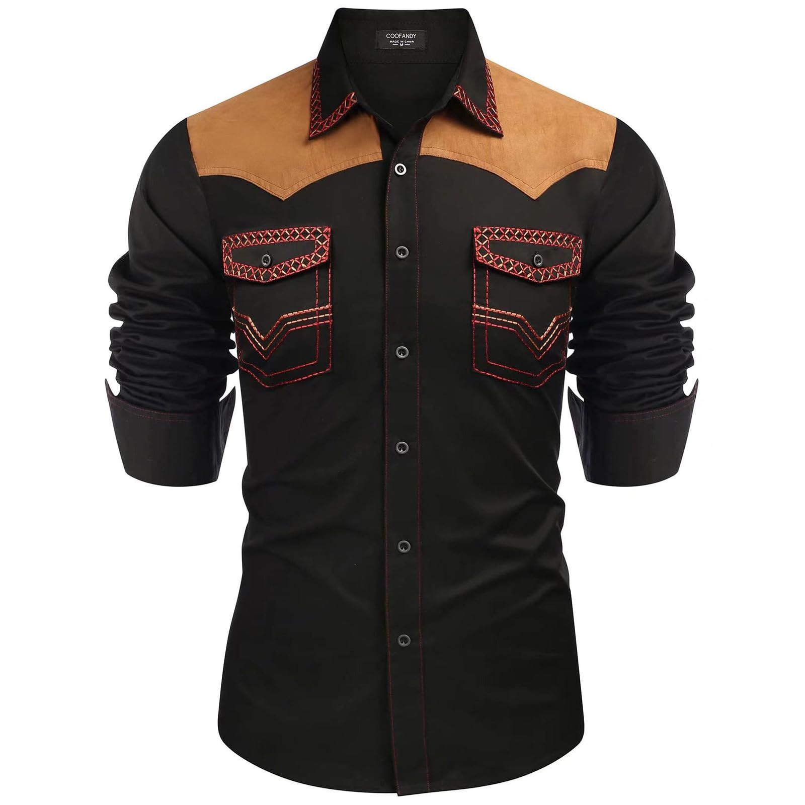 Mymyguoe Vintage Cowboy Shirt Men's Western Embroidered Print Western Shirt Retro Traditional Casual Shirt Western Cowboy Shirt Cowboy Costume Long Sleeve Button Party Shirts Hippie Shirt, Q1 black, L