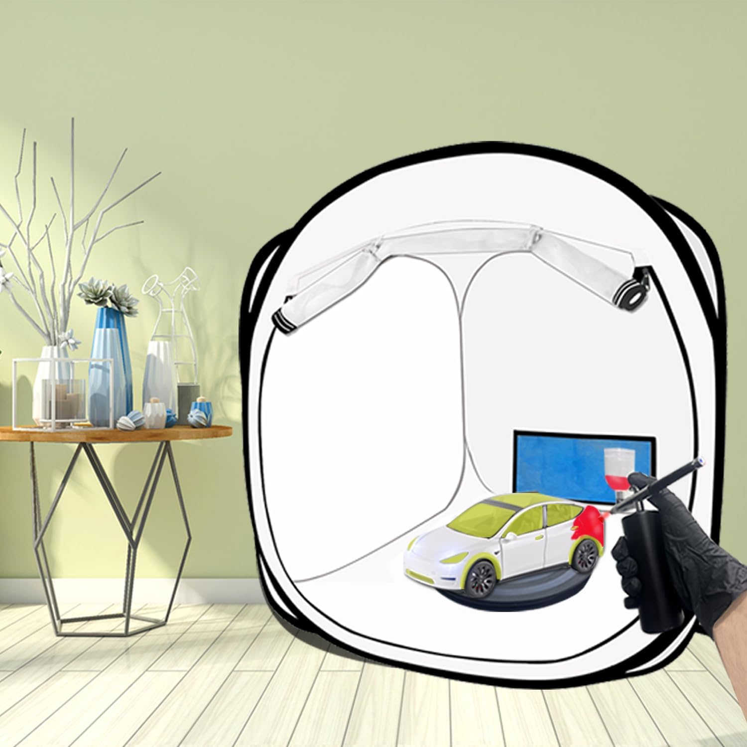 Pop Up Paint Booth 17x17x17 Inch Portable Airbrush Spray Tent with Mesh Door and Mesh Window for Models, Furniture, Auto Parts and Other Items Painting Works
