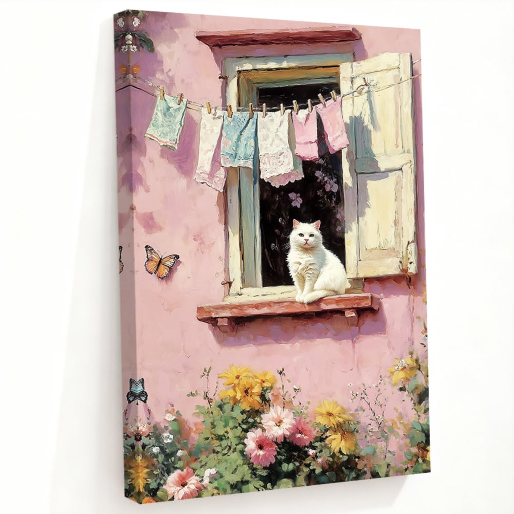Tableau Chat Blanc Fenêtre Déco Champêtre avec Papillons et Fleurs
