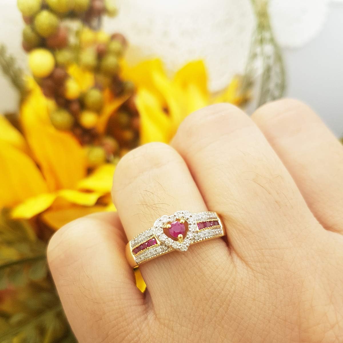 Dazzlingrock Collection Round Cut Ruby & White Diamond Womens Bridal Heart Shaped Promise Engagement Ring, 10K Solid White Gold