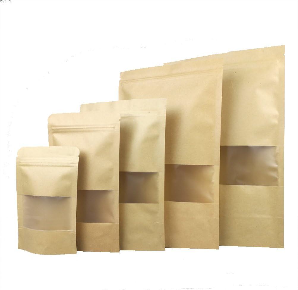 60 Pcs Stand up Kraft Paper Bag Pouch with Zip Lock and Transparent Window for Storing Food,Nuts,Seeds,Beans,Tea Leaves, Coffee,Candy,Snack, Dried Fruits (7.7"x11.7"(60 Count))