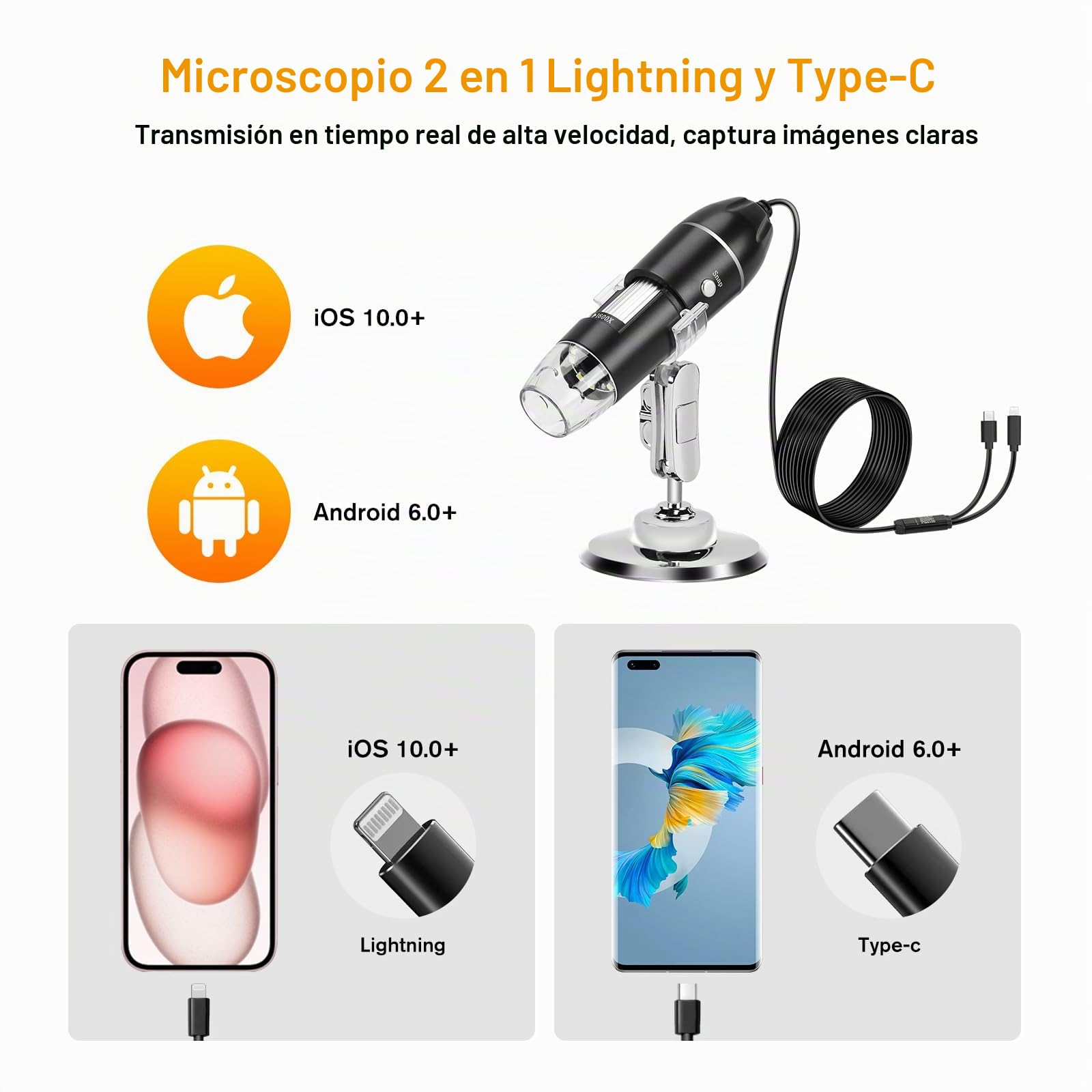 WADEO Microscopio Digital de Mano, microscopio USB 1440P HD con Aumento de 50X-1600X, cámara de inspección portátil sin WiFi, con Cable con 8 LED y Soporte, Compatible con iOS, Android y tabletas