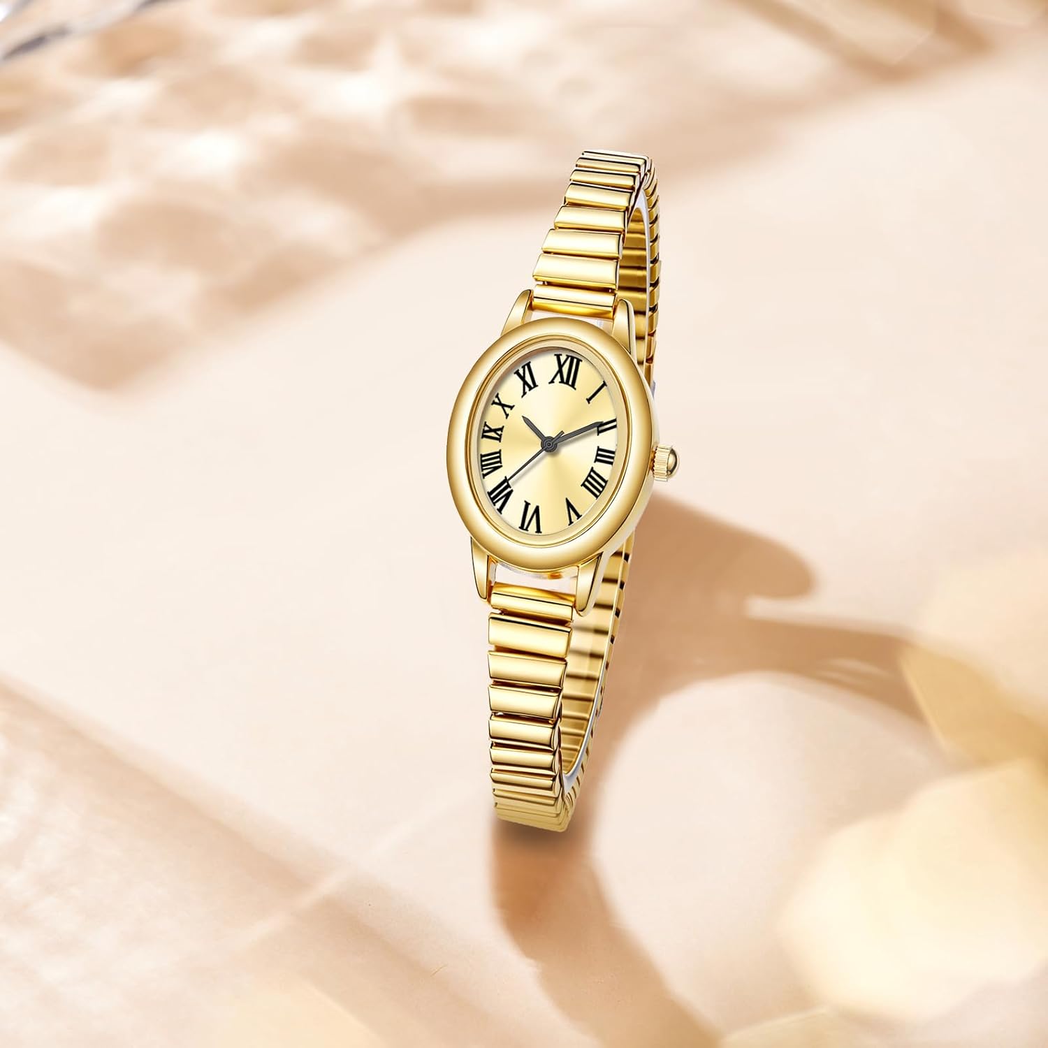 Gosasa Small Gold-Tone Watches and Bracelet Set for Women Easy Reader Oval Roman Numeral Dial with Stainless Steel Expansion Band, Vintage Elegant Ladies Watch Set (2 Sizes)