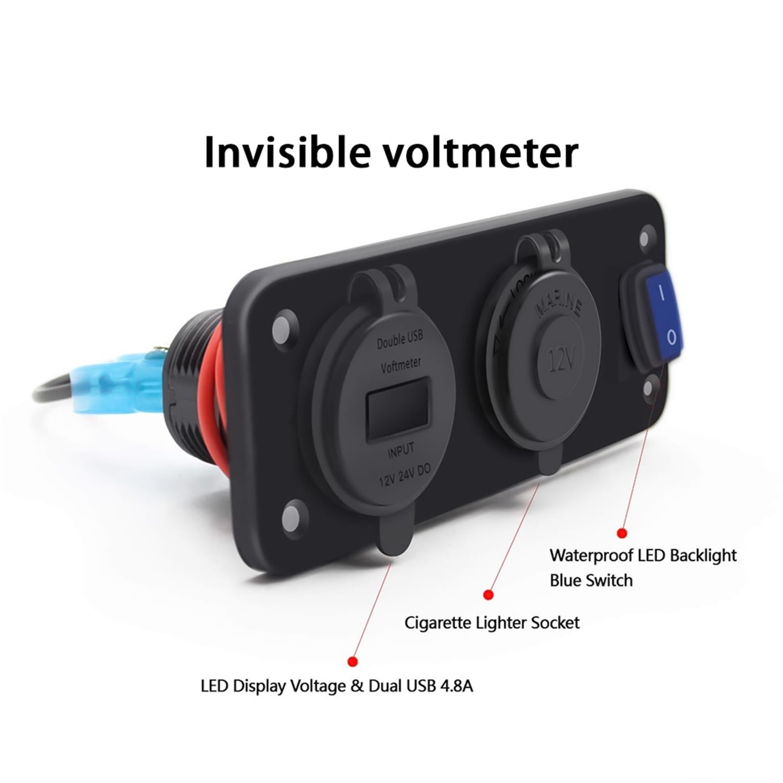 Chargeur rapide double USB, panneau multiport, répartiteur allume-cigare avec voltmètre, interrupteur for voiture, moto, bateau(Red Light)