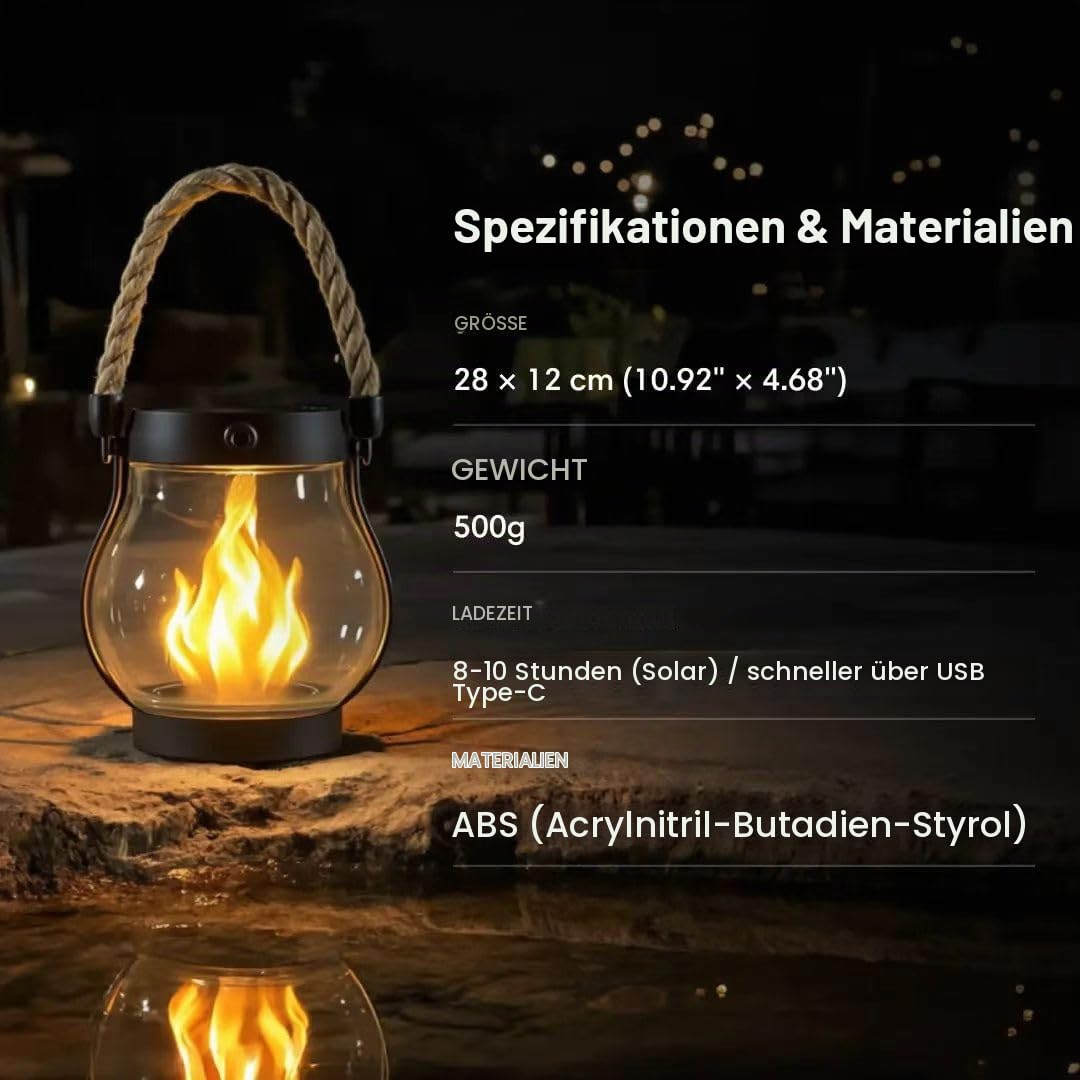 kaliqo solar lantern outdoor lights Flammen-Solarlaterne für Draußen - Realistische Flammeneffekte, 1500 mAh Solar Laternen, 2-in-1 Solarladung und USB wiederaufladbar, IPX4, Gartenbeleuchtung