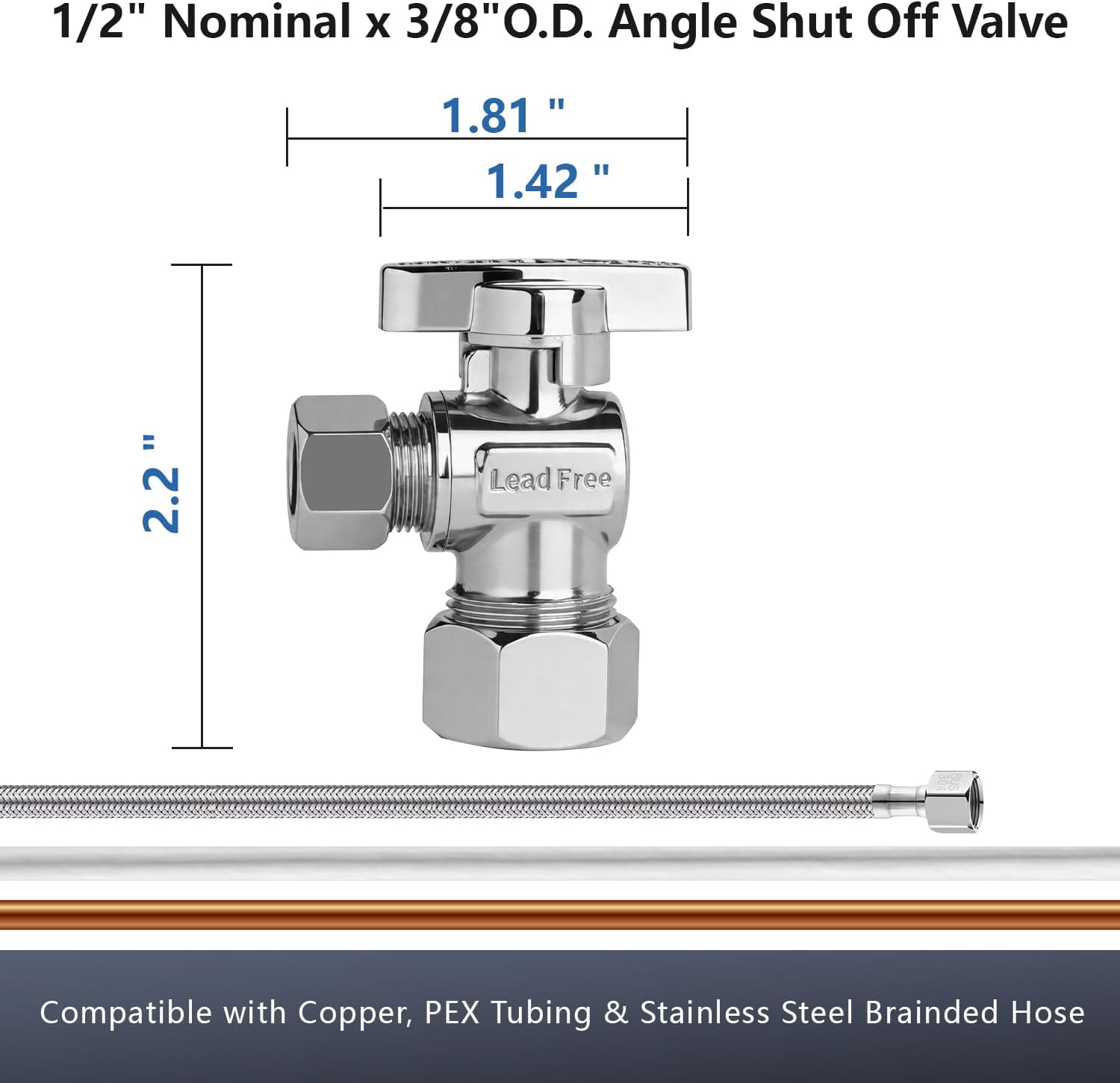 WiseWater Angle Stop Valve 1/2" Nominal (5/8" OD) x 3/8" Compression, Quarter Turn Toilet Shut Off Reinforced Chrome Plated Brass Fittings for Bathroom, Toilet, Kitchen (5-Pack)