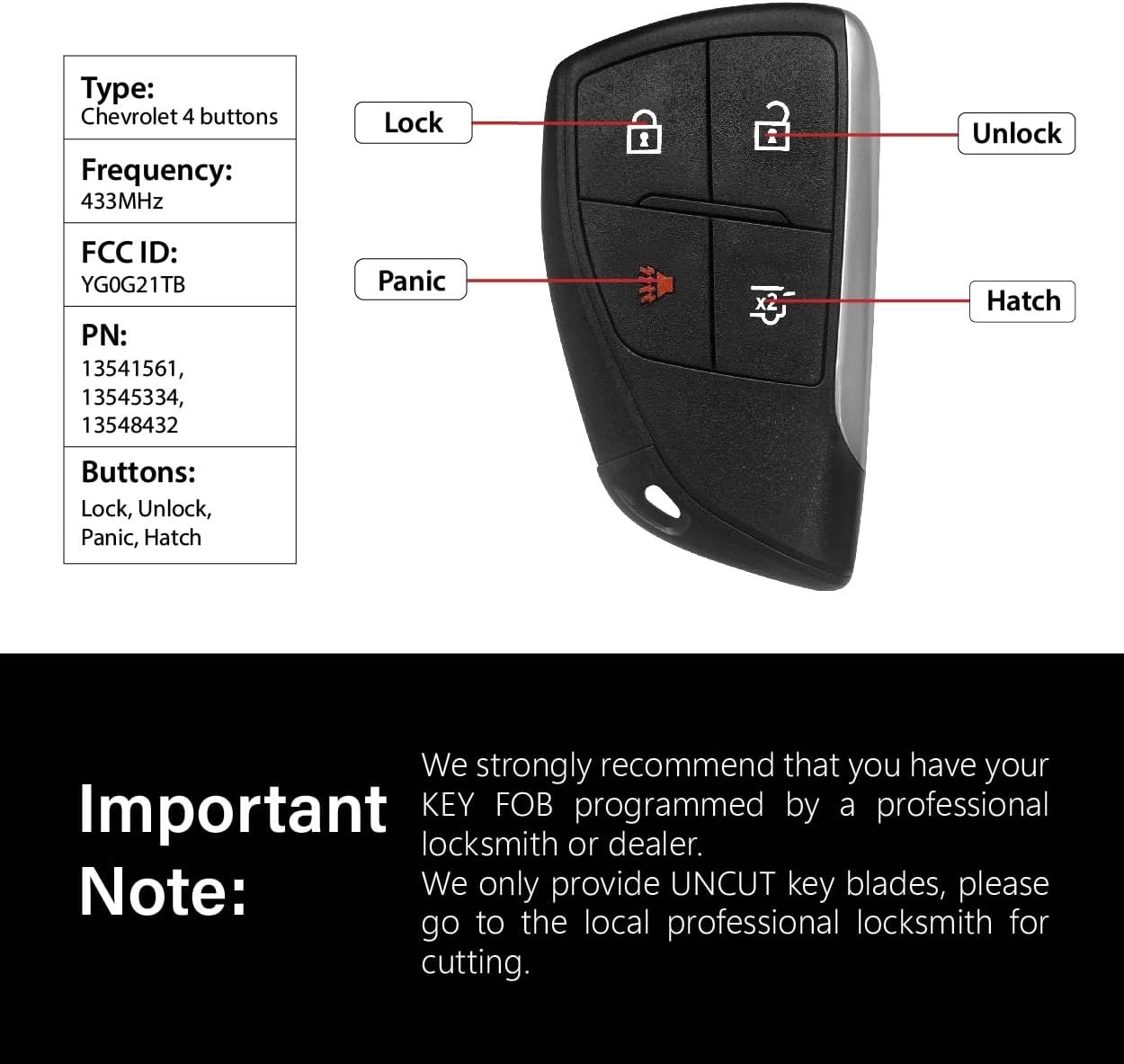 Replacement for 2021 2022 2023 2024 2025 Chevrolet Suburban Tahoe Key Fob Remote Control YG0G21TB 4 Buttons 433MHz